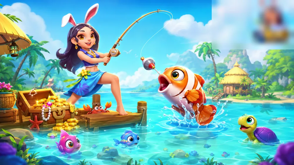 Ikan tropis warna-warni berenang di terumbu karang bergaya kartun
